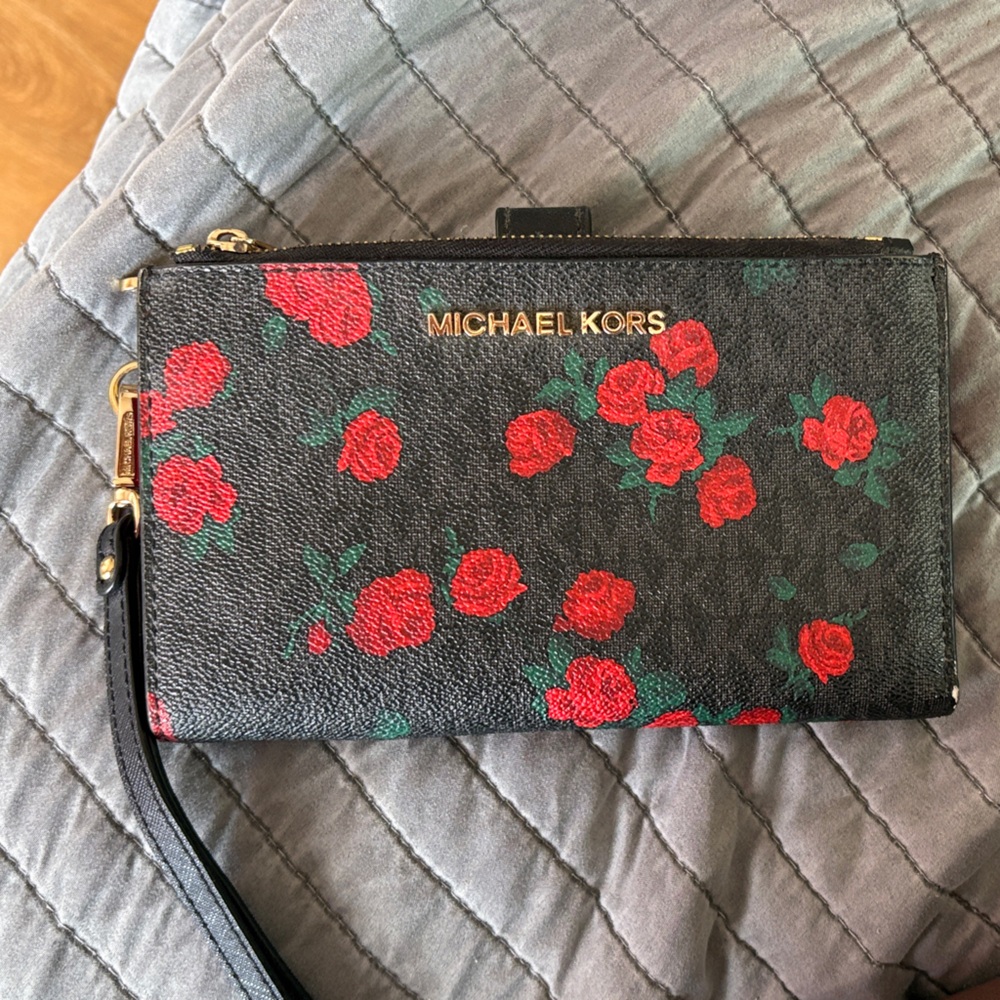Michael Kors Black and Red Rose Wristlet